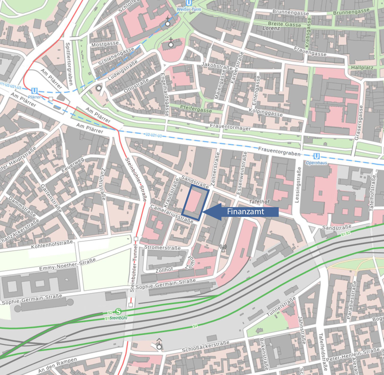 Stadtplan mit Markierung des Finanzamts Nürnberg-Süd, Sandstraße 20